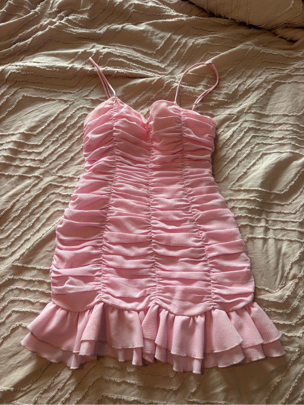 Lucy in the Sky Pink Ruched Ruffle Mini Dress with built in pads